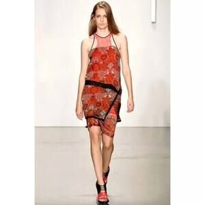 Helmut Lang Red Mandala Print Silk Dress Asymmetrical Wrap Sleeveless size 2